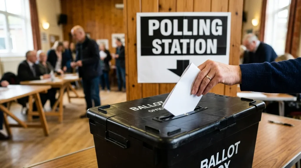 A hand inserts a white ballot paper into a black ballot box at a polling station.