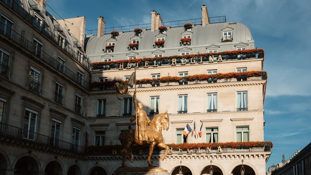 The golden statue of Joan of Arc outside Hotel Regina in central Paris.