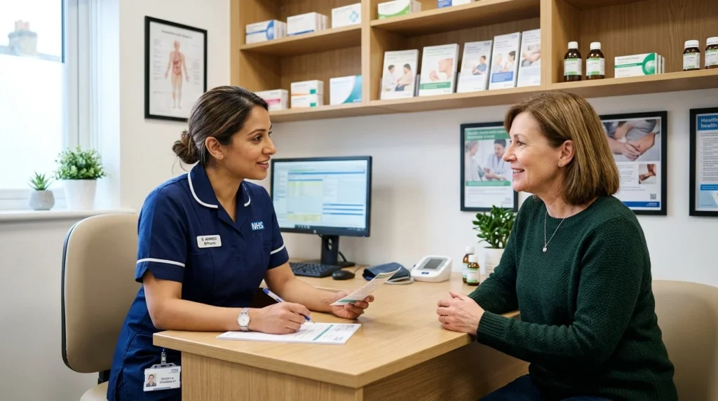 A nurse in a blue NHS uniform smiles while consulting with a female patient at a desk.