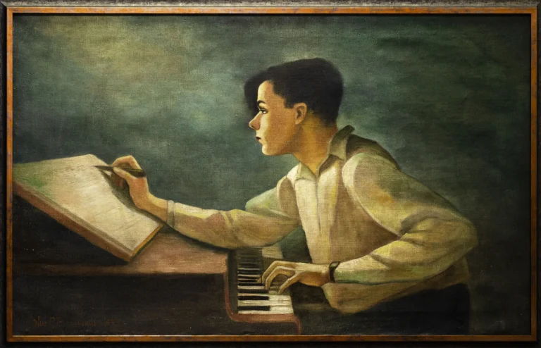 Oil painting of a young man playing piano while writing on tilted paper in soft light.