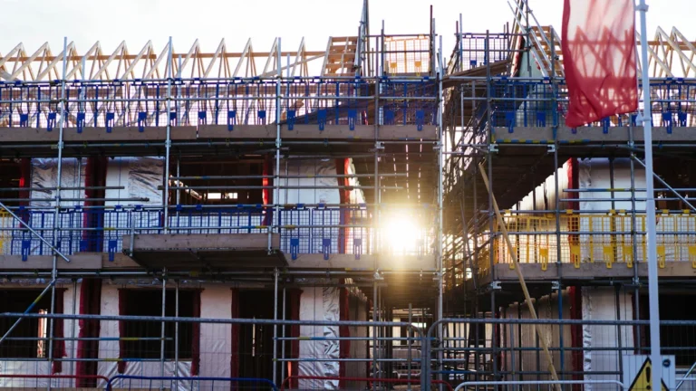A multi-story building under construction with extensive scaffolding and timber framing against a bright sunset.