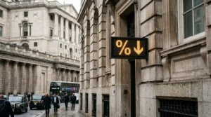 Digital sign displaying a percentage symbol and downward arrow on a stone building in London.