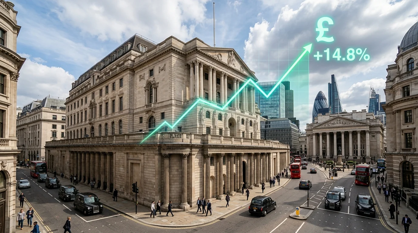 Bank of England exterior with a glowing green upward graph showing plus 14.8 percent.