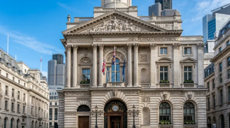 Classic stone architecture with Corinthian columns and British flags against a modern city skyline.