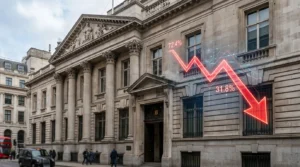Neoclassical building facade with a glowing red downward-trending arrow and percentages overlaying the stone architecture.