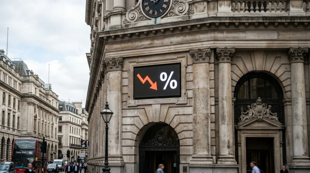 Ornate building facade with a digital screen showing a downward red arrow and percentage sign.