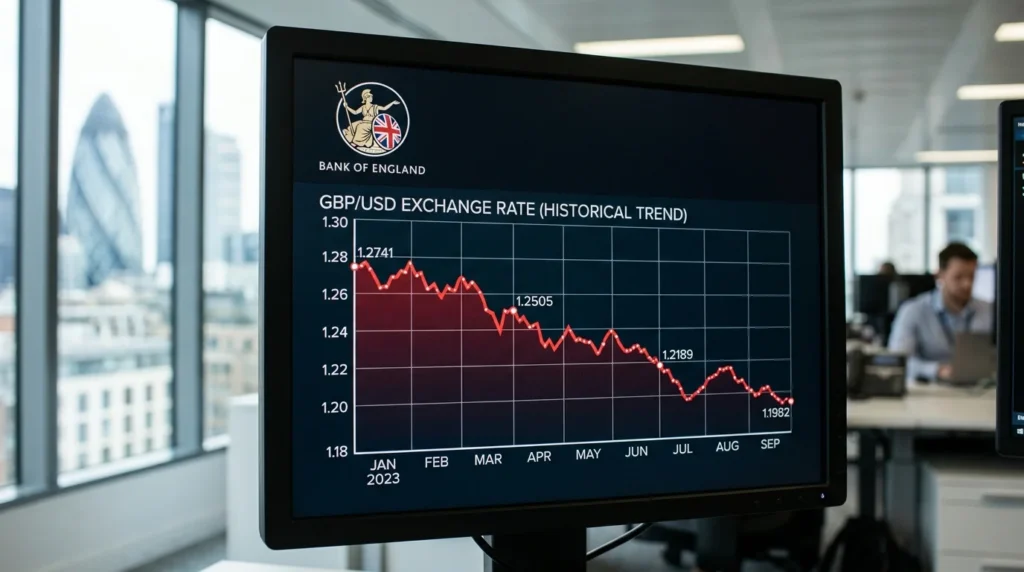 Monitor displaying a Bank of England exchange rate graph showing a declining red trend line.