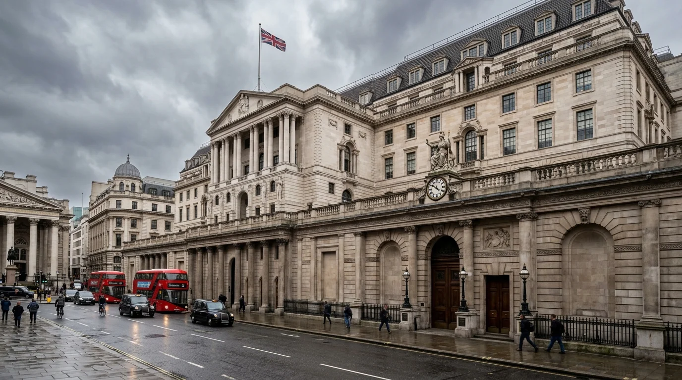 The Bank of England building on a cloudy day with red double-decker buses and black taxis.