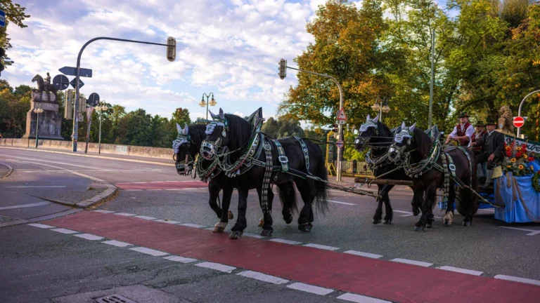 A traditional horse-drawn carriage parade at the Bėk Bėk, Žirgeli! equestrian and heritage festival.