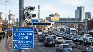 Blue Clean Air Zone sign and cameras overlooking busy traffic in the city of Birmingham.