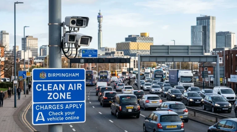 Blue Clean Air Zone sign and cameras overlooking busy traffic in the city of Birmingham.