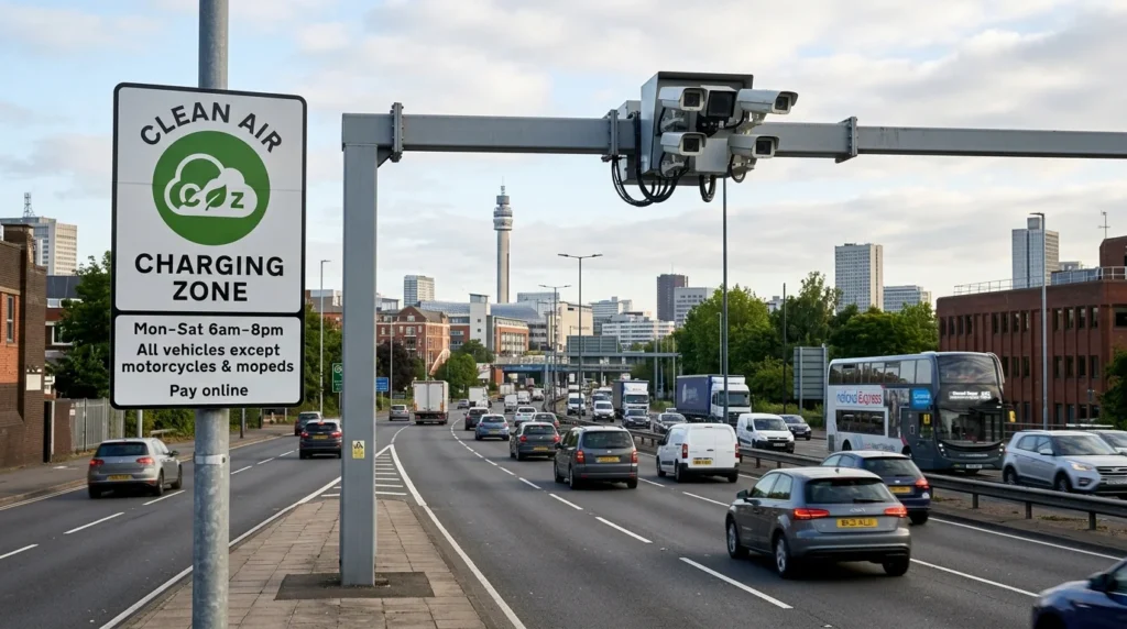 A Clean Air Zone sign and overhead cameras monitor traffic on a busy multi-lane city road.