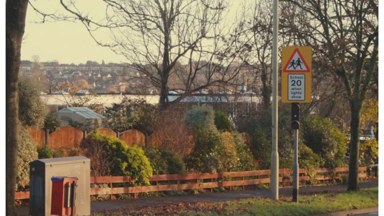 A yellow UK school zone sign showing a 20 mph speed limit and children crossing.