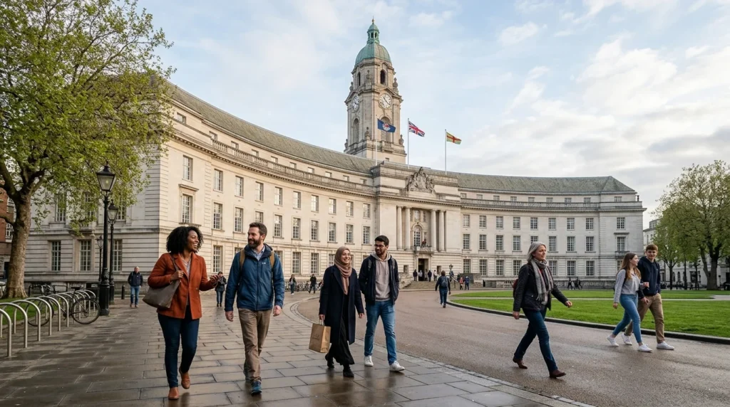Diverse individuals walk in front of a grand neoclassical building featuring a prominent clock tower.