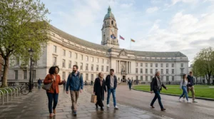 Diverse individuals walk in front of a grand neoclassical building featuring a prominent clock tower.