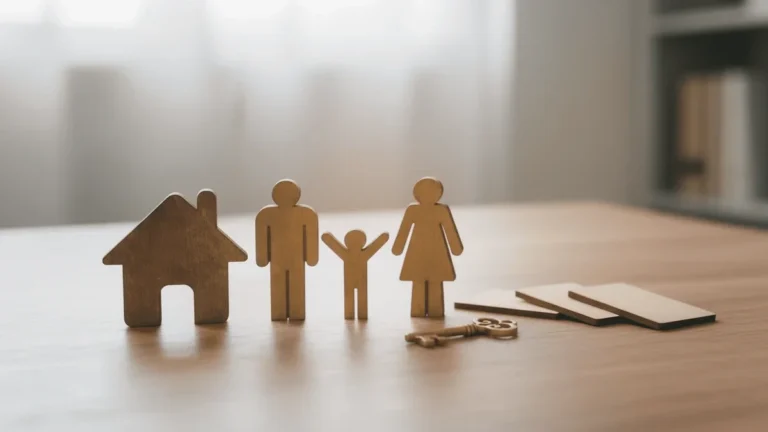 Wooden cutouts of a house and a family of three standing on a wooden surface with a house key, symbolizing housing and family support services.
