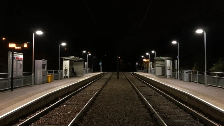 A symmetrical view of the tram tracks at Coombe Lane station in Croydon at night.