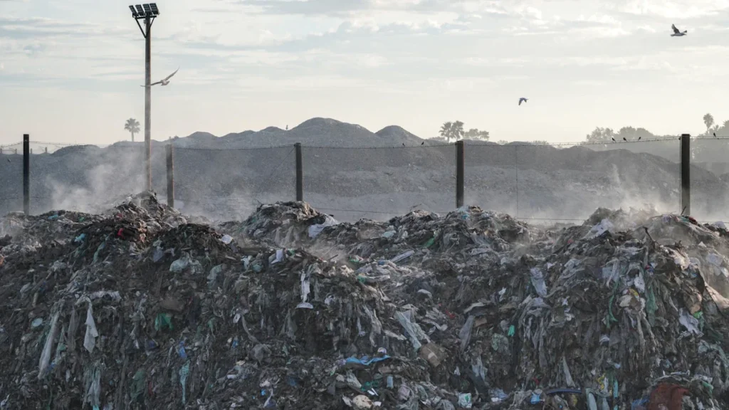 Large mounds of discarded waste and refuse piled near an urban street light.