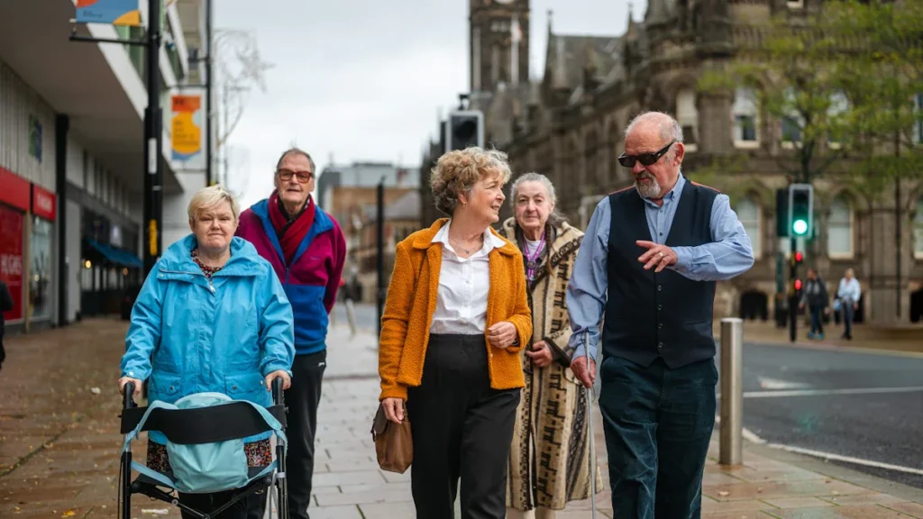 A group of senior citizens walking together along a paved British high street with historic architecture.