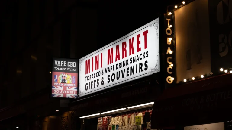 A mini market storefront at night with a bright sign advertising tobacco and vapes, featuring a Union Jack flag on a side panel.
