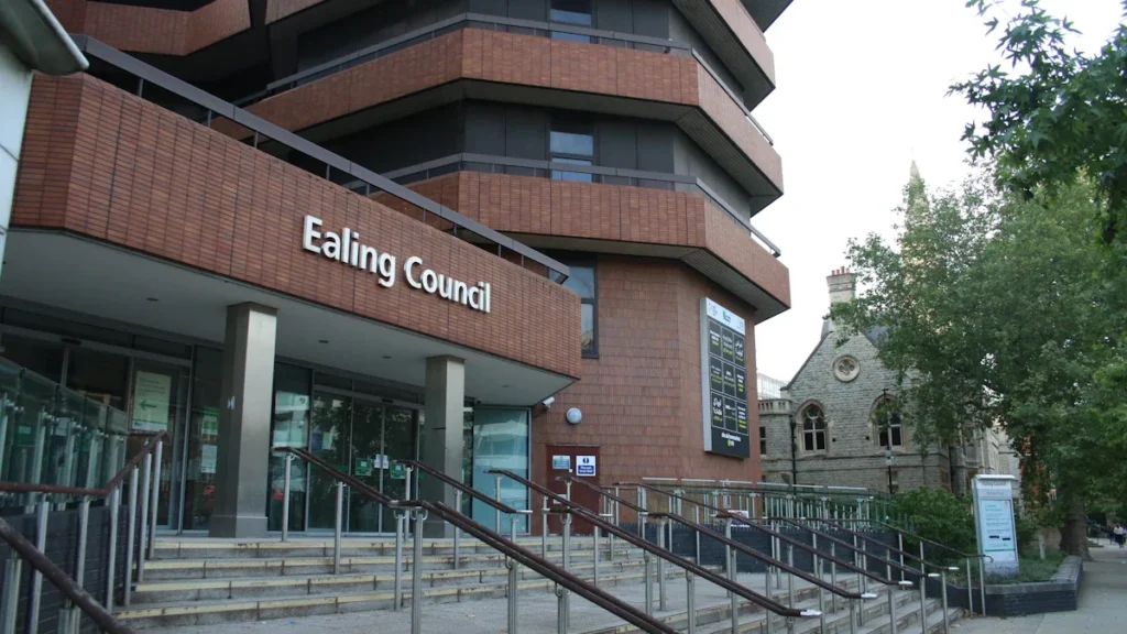 The main Ealing Council building exterior viewed from the street level entrance.
