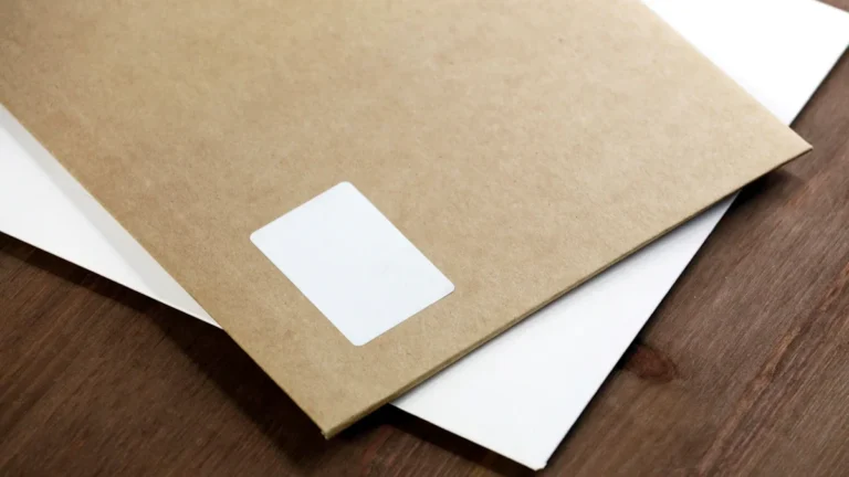 A minimalist brown envelope with a blank white address sticker resting on a wooden surface.
