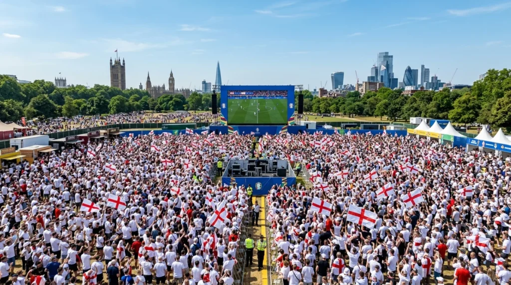 Large crowd waving English flags watching a football match on a big screen in London.