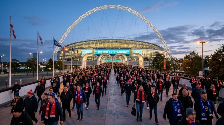 Football fans walking towards the illuminated Wembley Stadium under the iconic white arch at twilight.