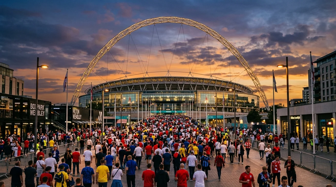 Crowds walk toward the lit-up Wembley Stadium arch under a dramatic sunset sky in London.