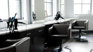 A professional beauty salon station featuring modern black leather chairs and styling equipment near bright windows.