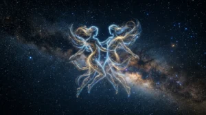 Two glowing female figures formed from starlight against a cosmic background of the Milky Way.
