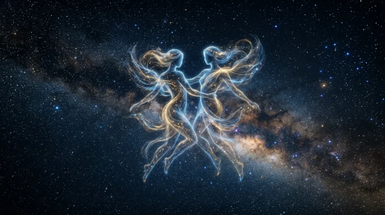 Two glowing female figures formed from starlight against a cosmic background of the Milky Way.
