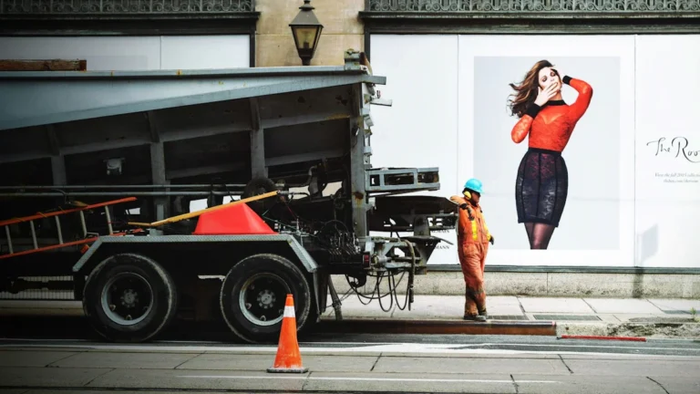 A construction worker standing next to a maintenance truck during city road repairs.