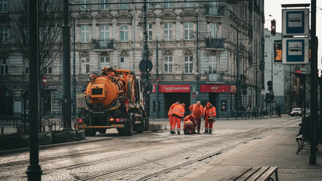 Road maintenance workers in high-visibility clothing repairing a city street with heavy machinery.