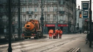 Road maintenance workers in high-visibility clothing repairing a city street with heavy machinery.