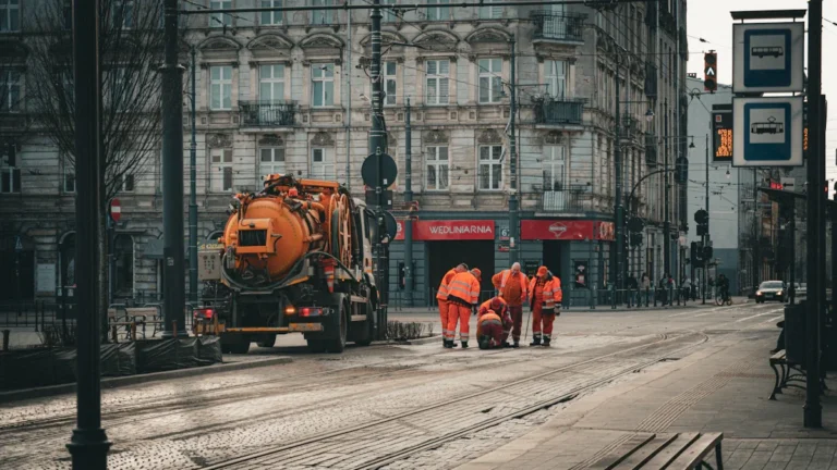 Road maintenance workers in high-visibility clothing repairing a city street with heavy machinery.