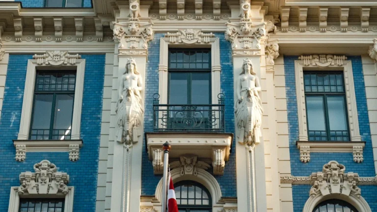 An ornate blue and white Art Nouveau building in Riga, Latvia, with the national flag displayed.