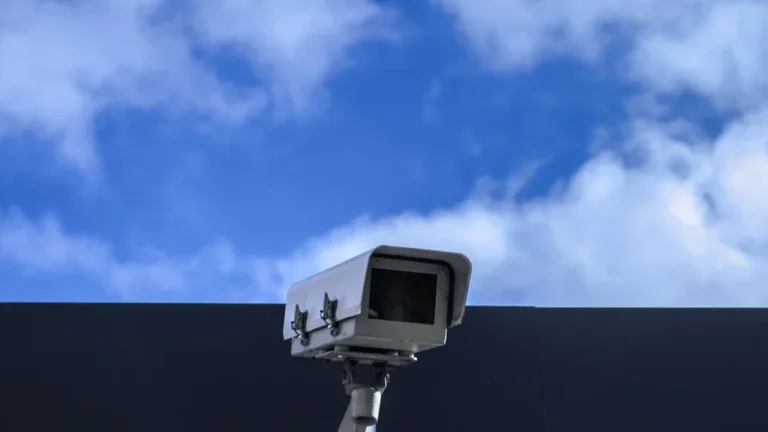 A white professional security camera mounted on a building against a clear blue sky with clouds.