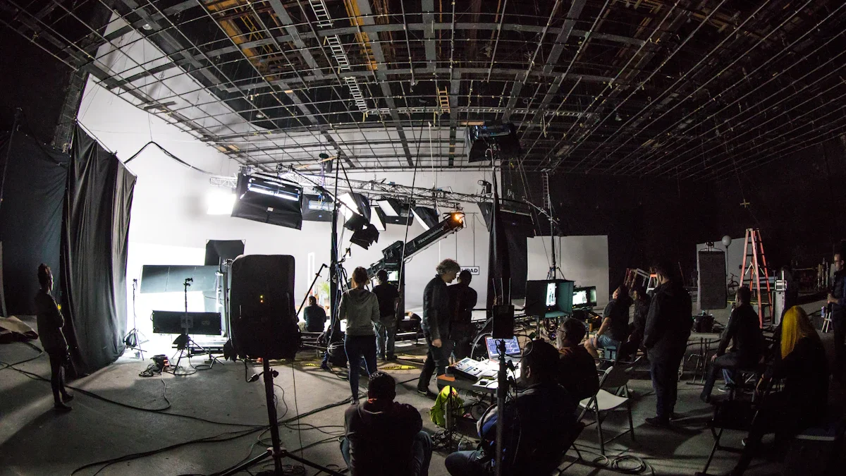 A large-scale professional film studio set with crew members, lighting equipment, and cameras for a major series production.