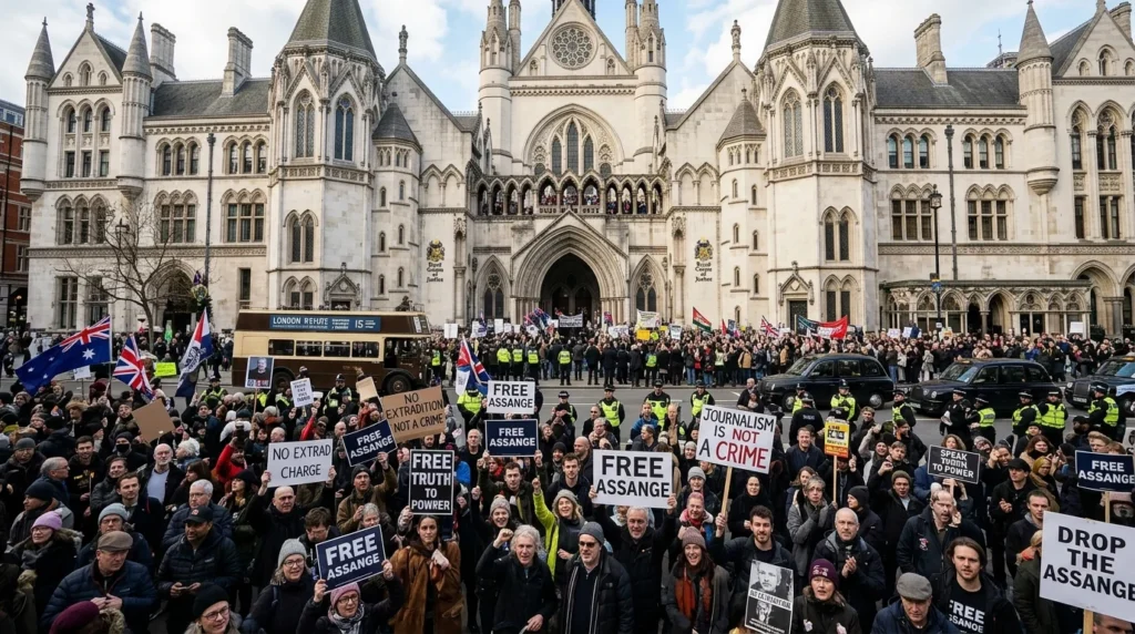 Protesters holding "Free Assange" signs in front of the Royal Courts of Justice in London.