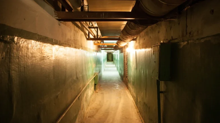 A long, illuminated concrete corridor inside a renovated civil defense shelter in Kaunas District.
