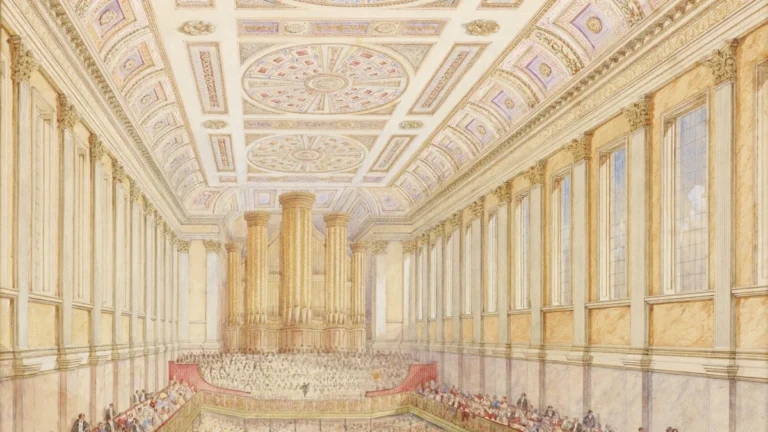 A historic watercolor painting showing the grand, ornate interior of a town hall with a large assembly.