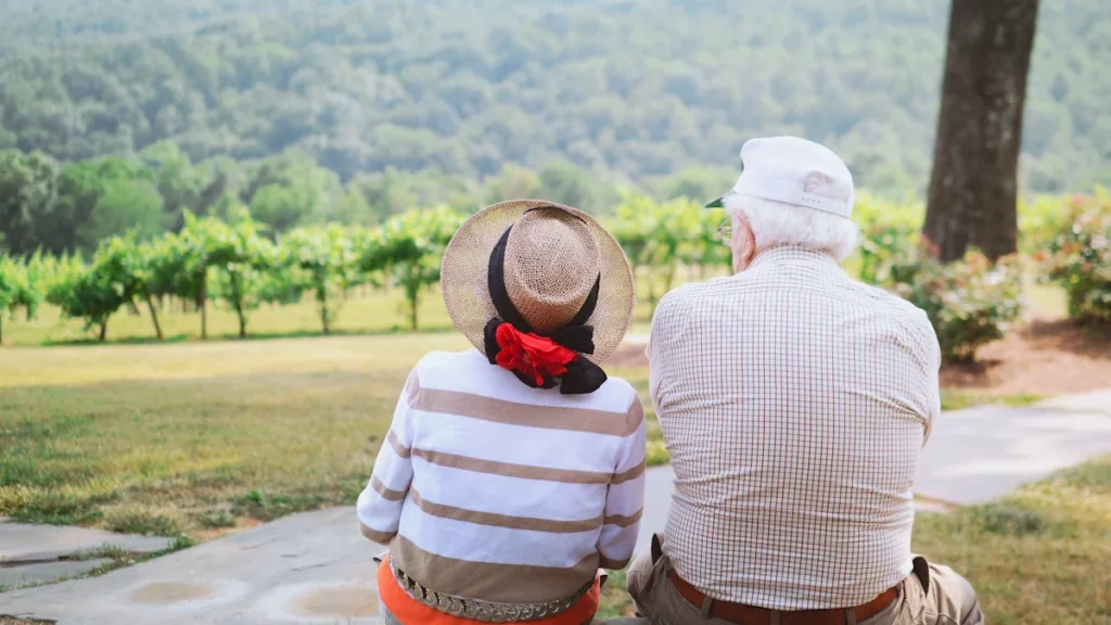 An elderly couple sits together outdoors, representing the focus of adult social care services.