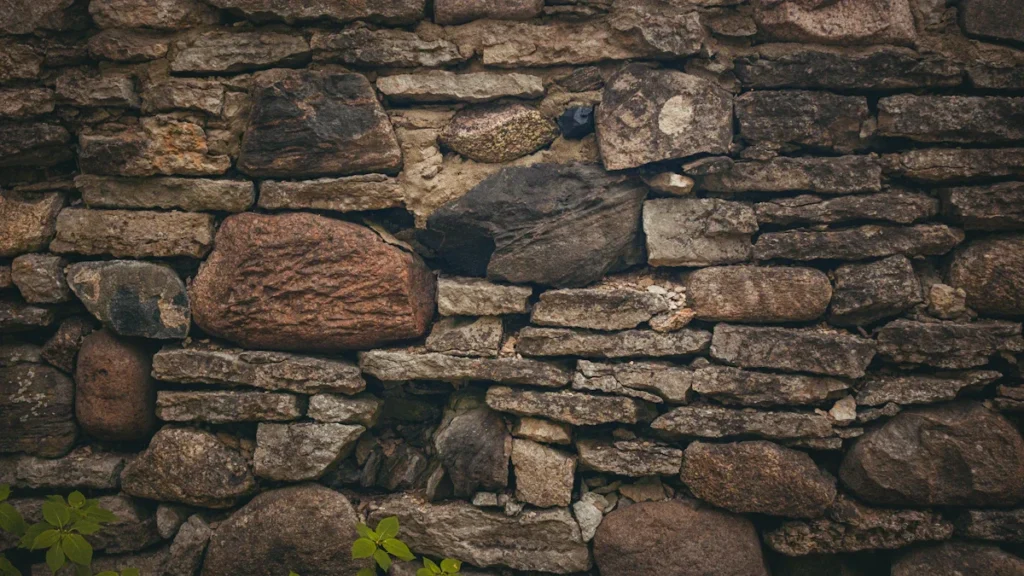 A historic medieval stone wall with green plants growing between the weathered grey rocks and limestone.
