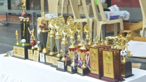 A variety of gold and silver sports trophies and plaques arranged on a white clothed table.