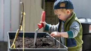 A young boy wearing a blue cap uses a red hand tool to dig in soil.