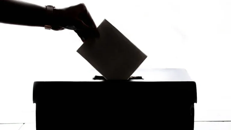A silhouette of a hand casting a ballot into a ballot box.
