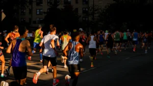 A group of marathon runners silhouetted against the golden morning sun as they run through city streets.