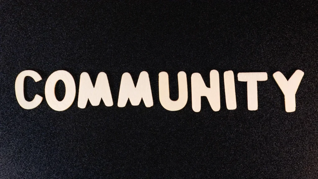 White block letters spelling the word COMMUNITY centered on a dark, textured black background.
