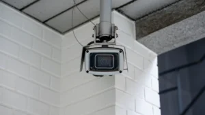 A modern security surveillance camera mounted on a white brick wall under a building overhang.